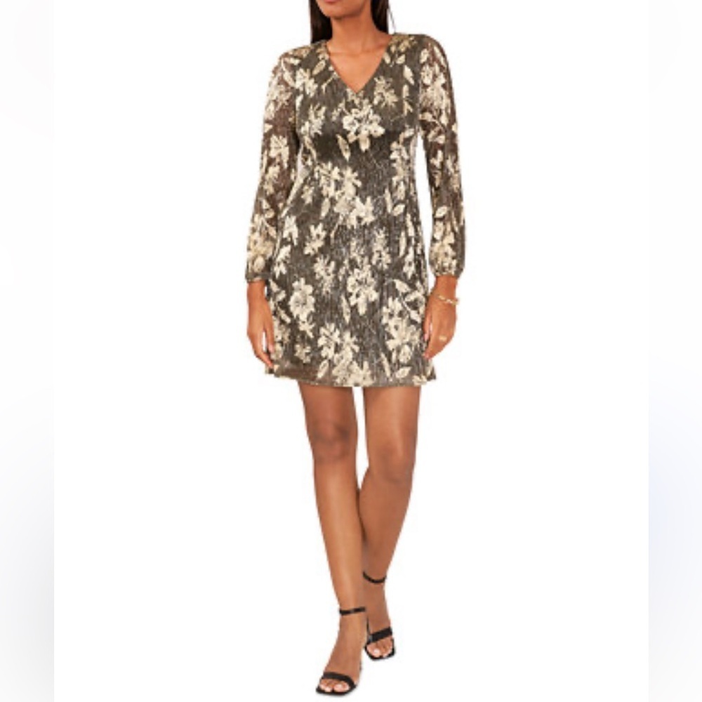 MSK Day Cocktail Black and gold Long Sleeve Sheath Dress. Size S. New